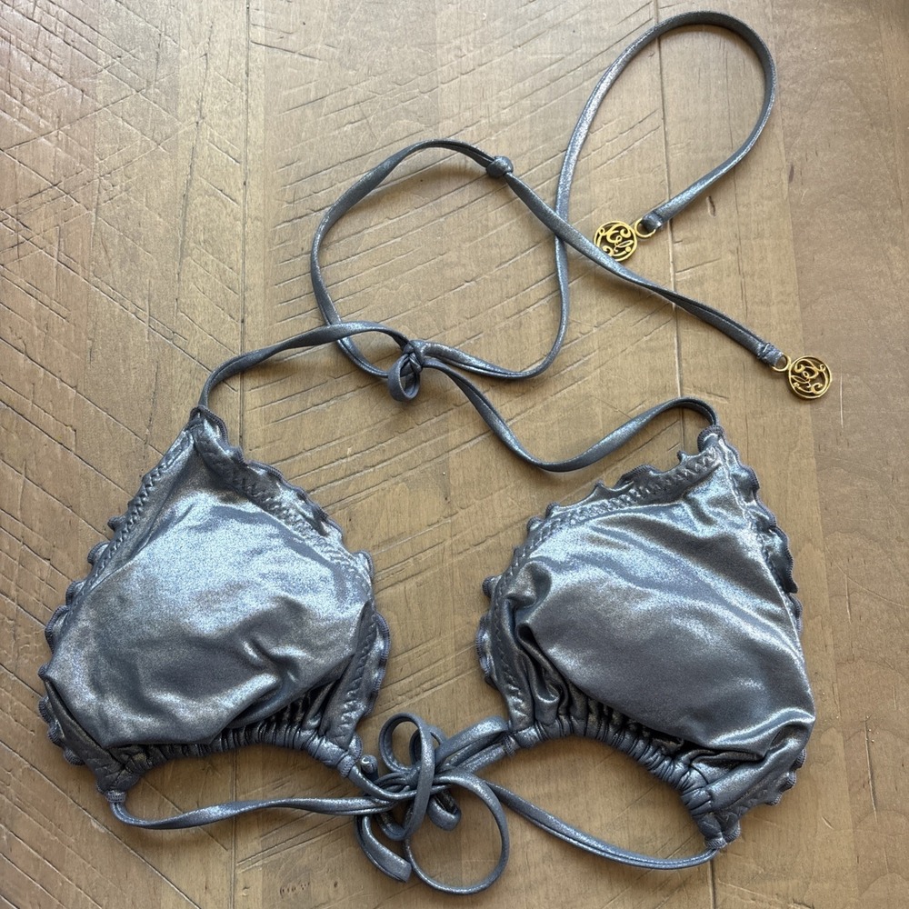 Luli Fama Swim Bikini Top XL Cosita Buena Platinum Wavy Triangles Scrunch